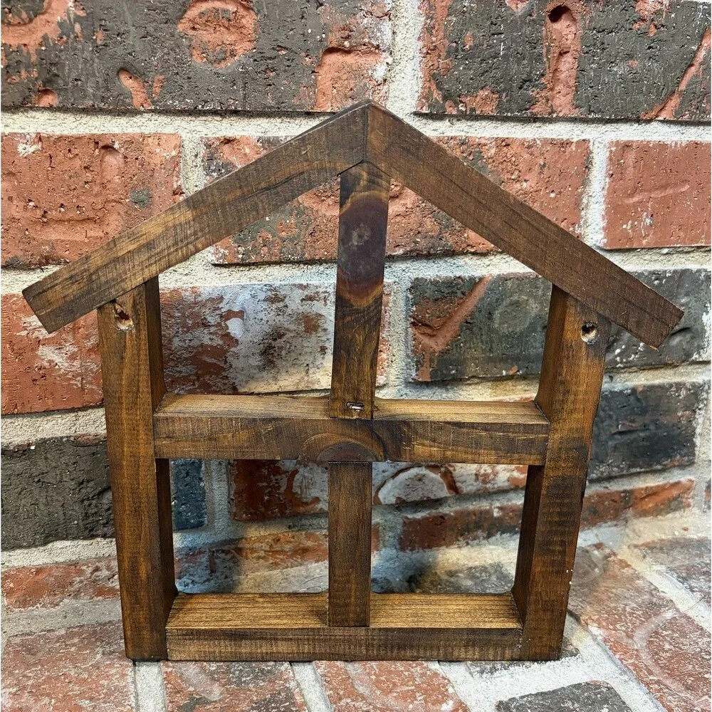 Vintage Style Wooden House Shaped Wall Display Shelf 4 Compartment Rustic